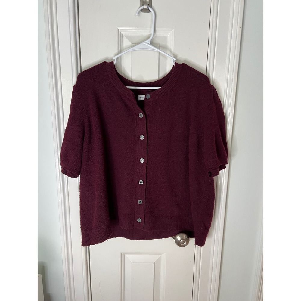 Nine West Womens XXL Burgundy Short Sleeve Puff Sleeve Cardigan Sweater Knit Top